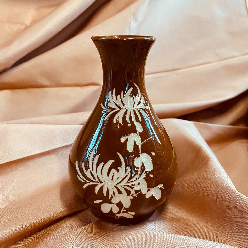 Vintage Small Brown Glazed Ceramic Vase with Carved White Floral Decoration